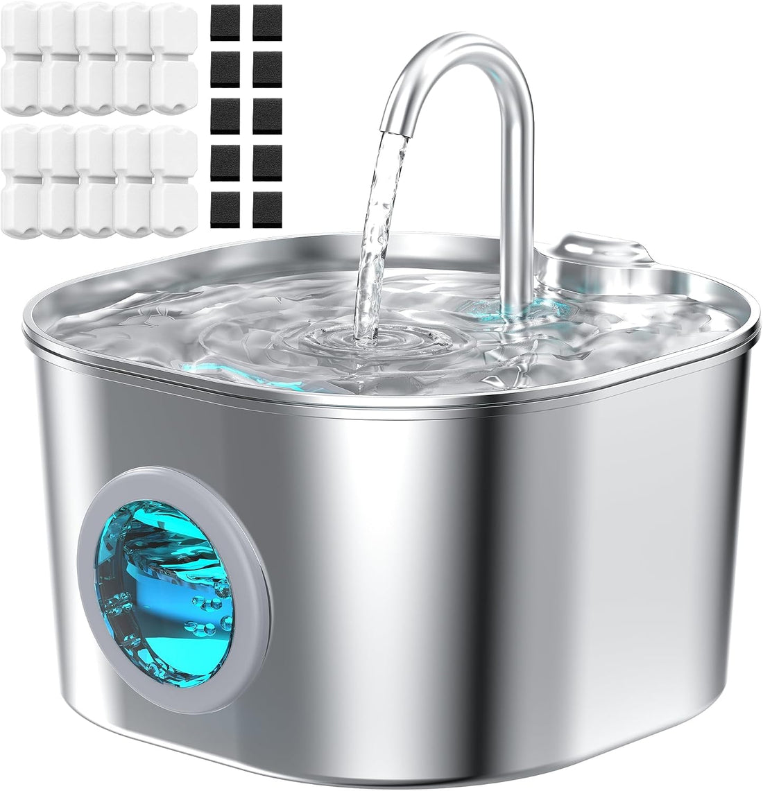 74oz Stainless Steel Cat Water Fountain with 8 Filters + 5 Sponges