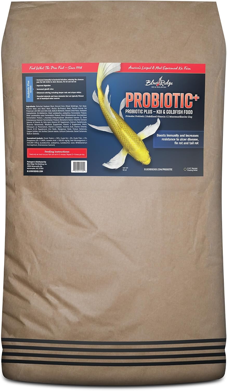 Blue Ridge Koi Fish Food, Probiotic Plus Formula, 3/16" Pellets, 5 lb