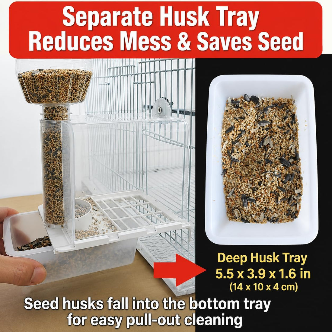 500mL No Mess Automatic Bird Feeder for Cage, Seed Catcher Tray