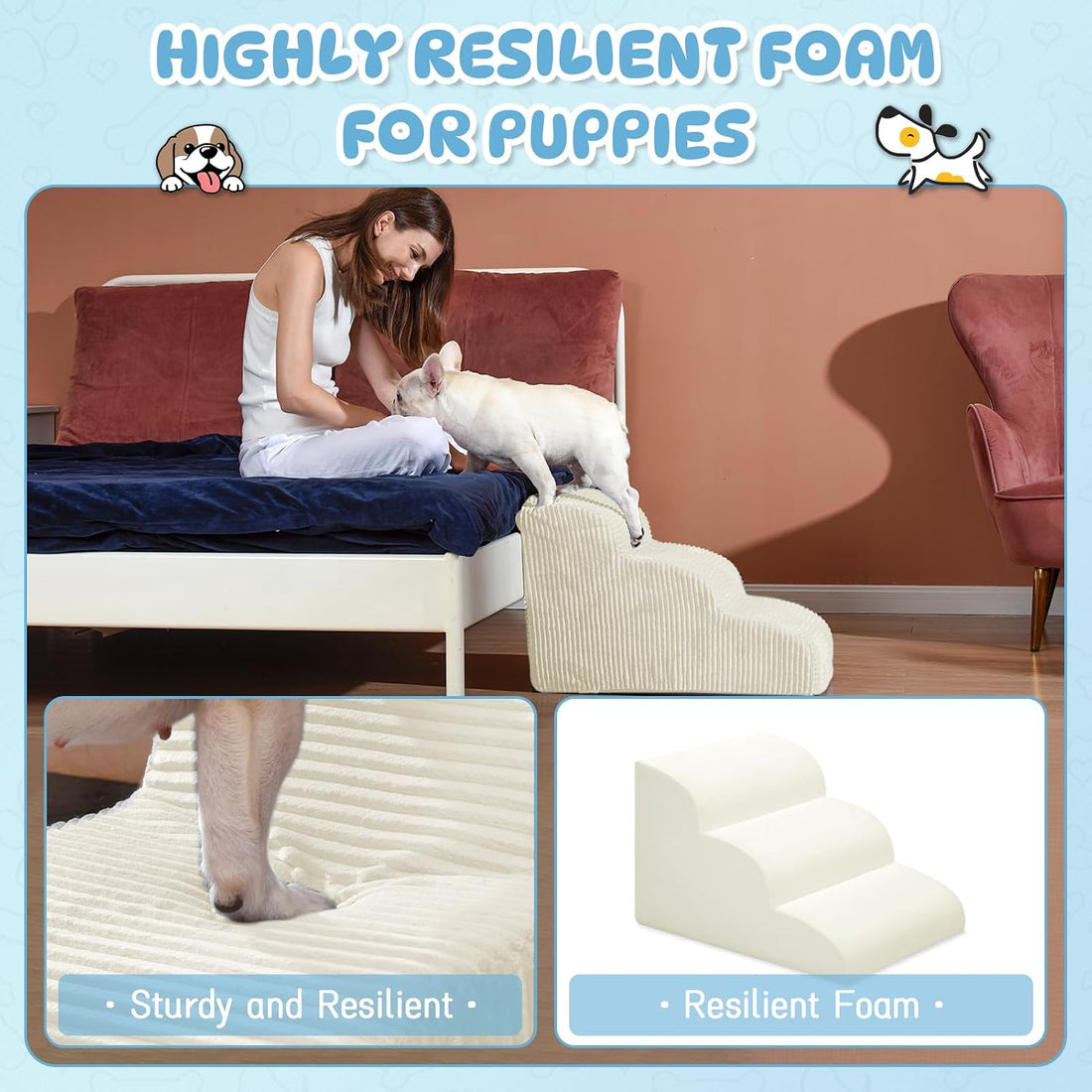 Mesa Lemon 3 Step Dog Stairs Pet Ramp for High Beds, Sofas and Cars