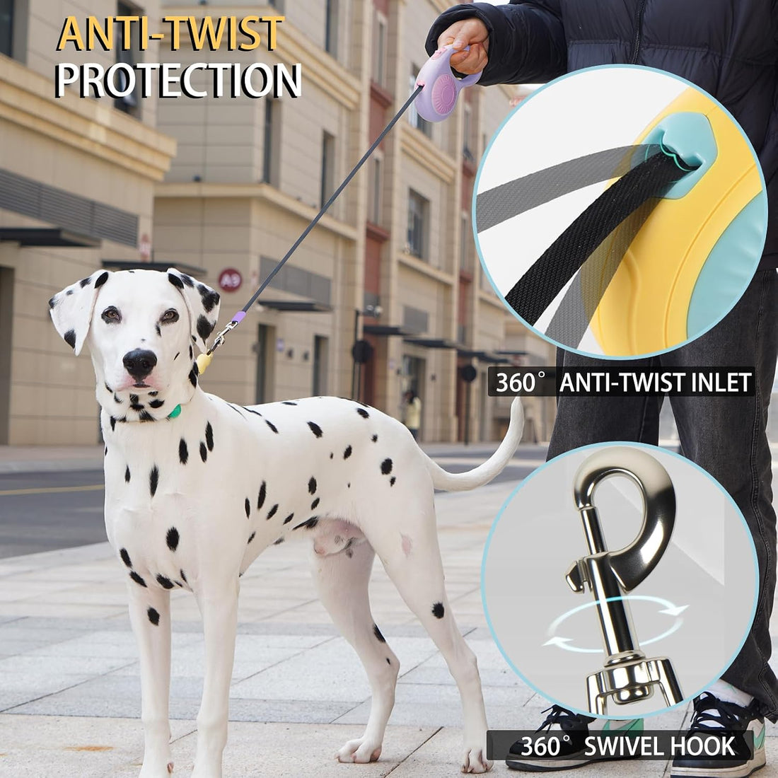 JSXD 360° Tangle-Free Retractable Dog Leash with One-Handed Brake