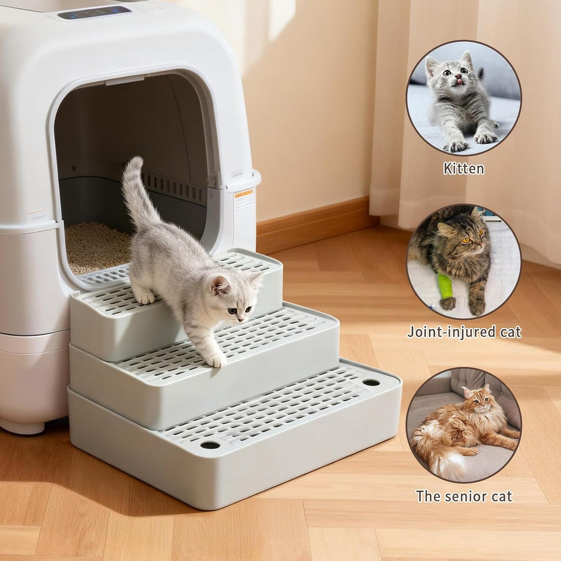 Adjustable 3-Step Cat Ramp for Litter Box, Litter Trapper
