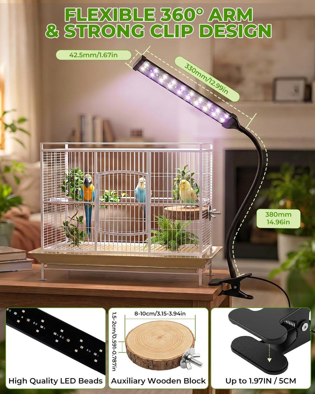UVB Light for Birds, Full Spectrum LED Bird Cage Light for Parrot
