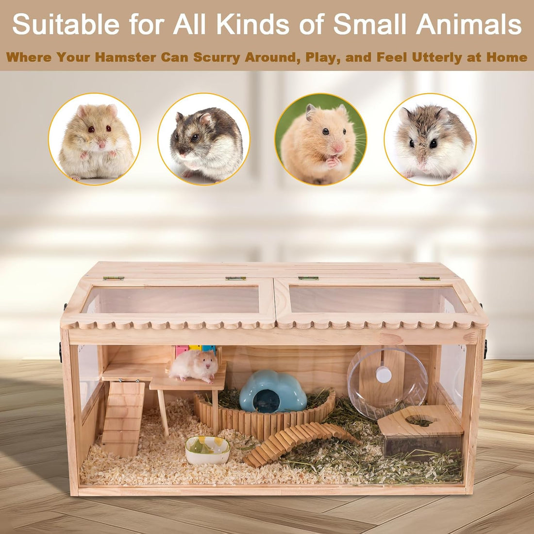 Wooden Hamster Cage,32"x16"x16"Large Hamster Cage,2 Washable Liners