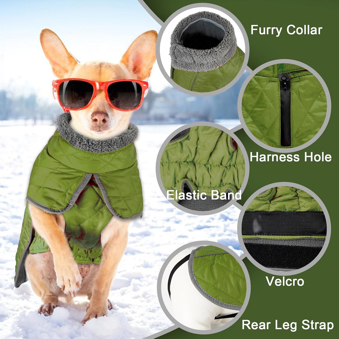 Dog Winter Coat with Waterproof Zipper Harness Hole, Fleece Dog Jacket