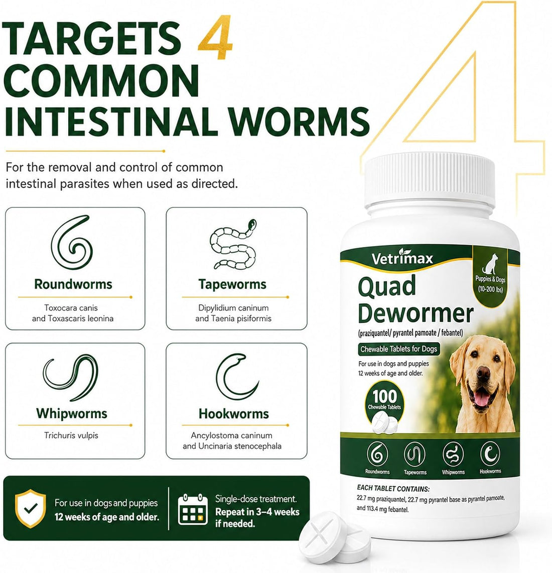 Quad Dewormer for Dogs, 4-Way Wormer for Whipworm, Tapeworm