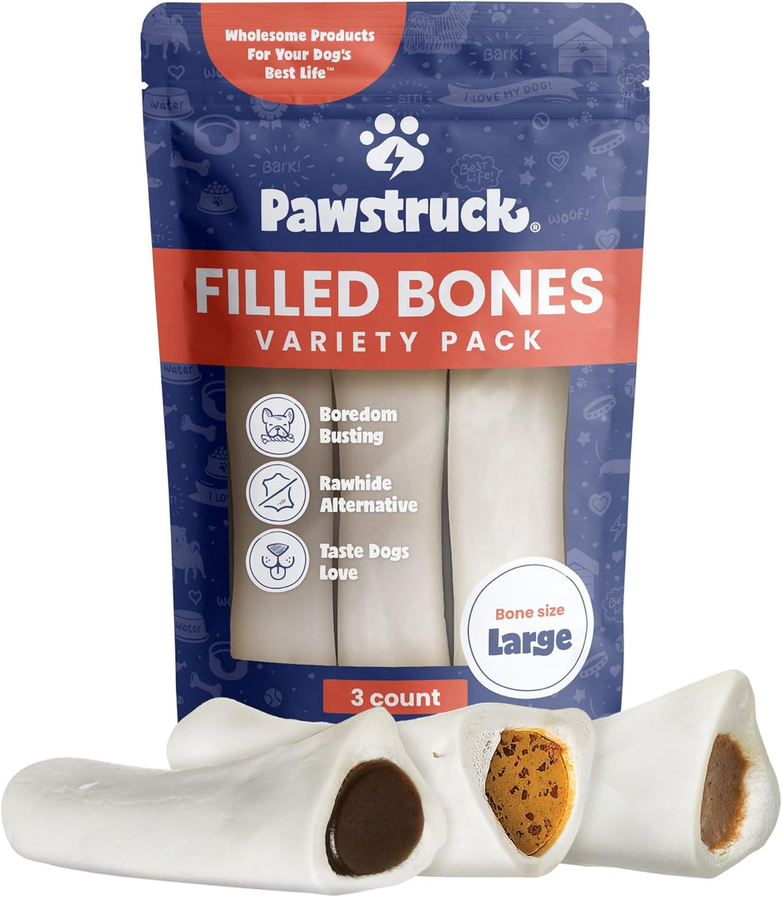 Pawstruck Large Filled Bones Variety Pack, Beef Femur Dog Chew