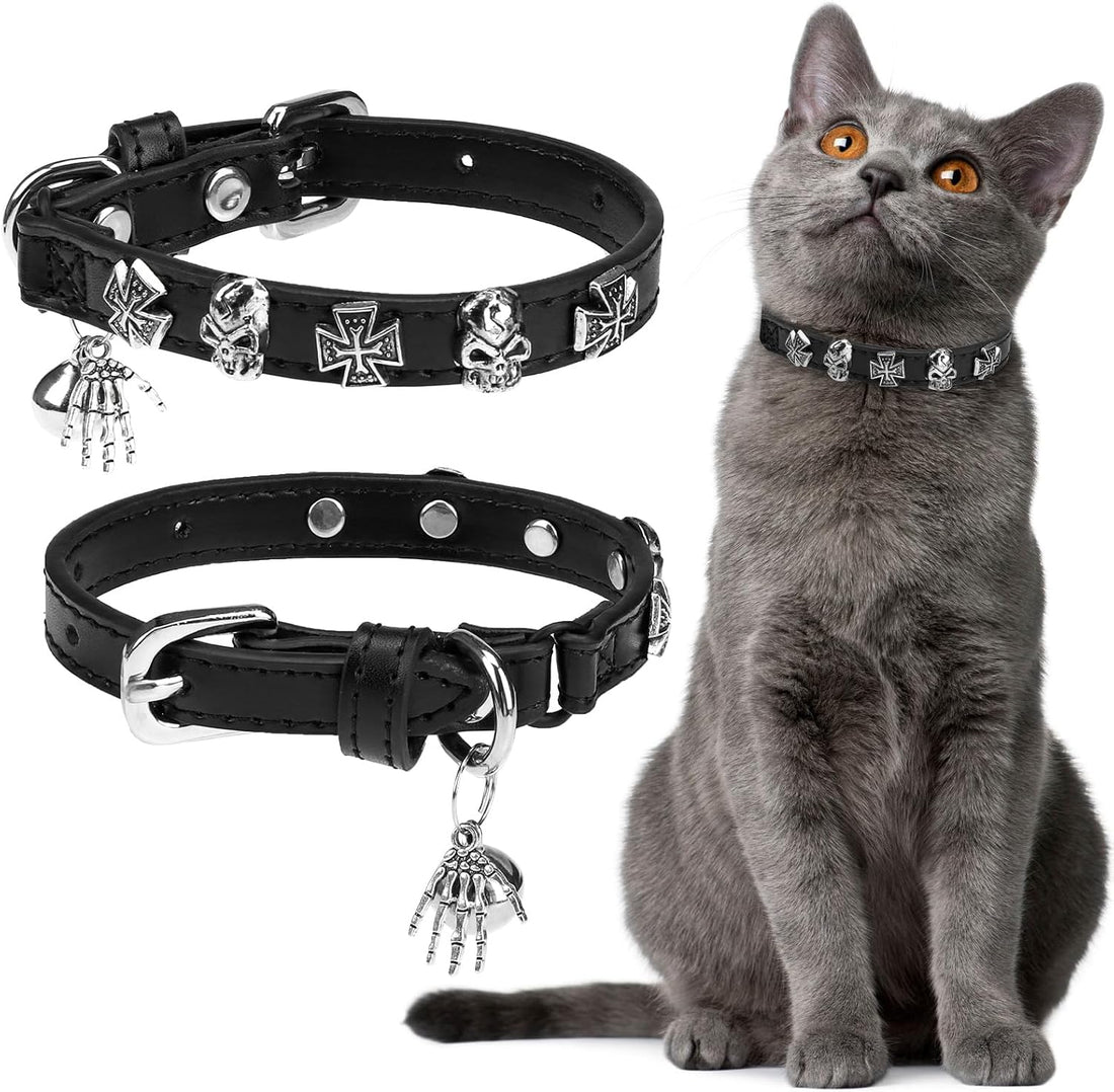 EXPAWLORER Leather Cat Collar for Girl Boy Cats,Black(Skull),S