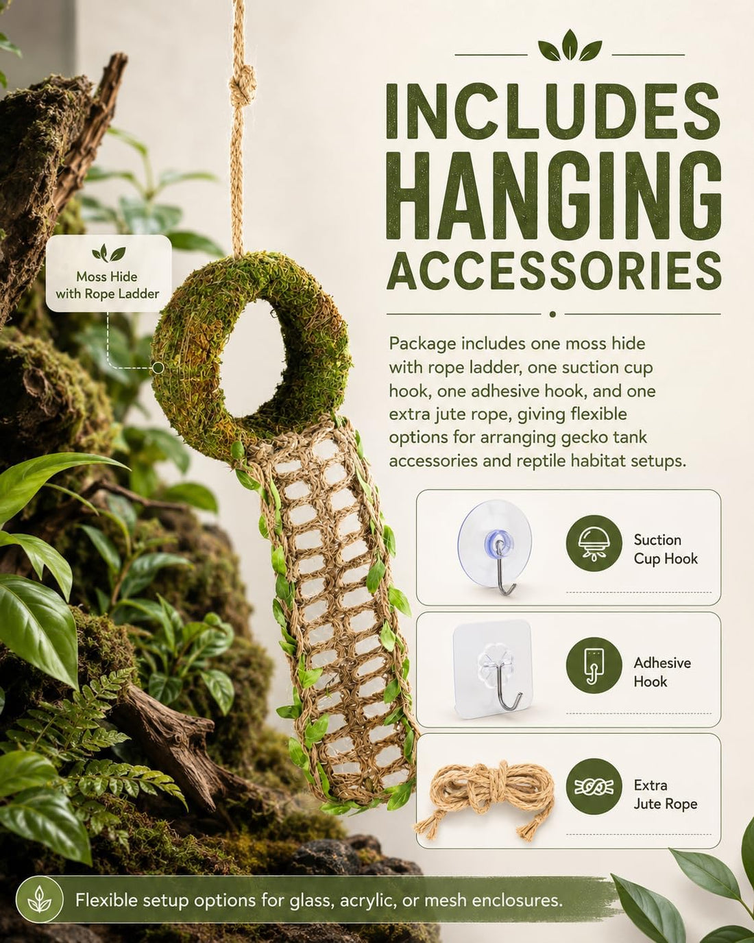 Crested Gecko Hide, Hanging Moss-Style Reptile Hideout with Rope