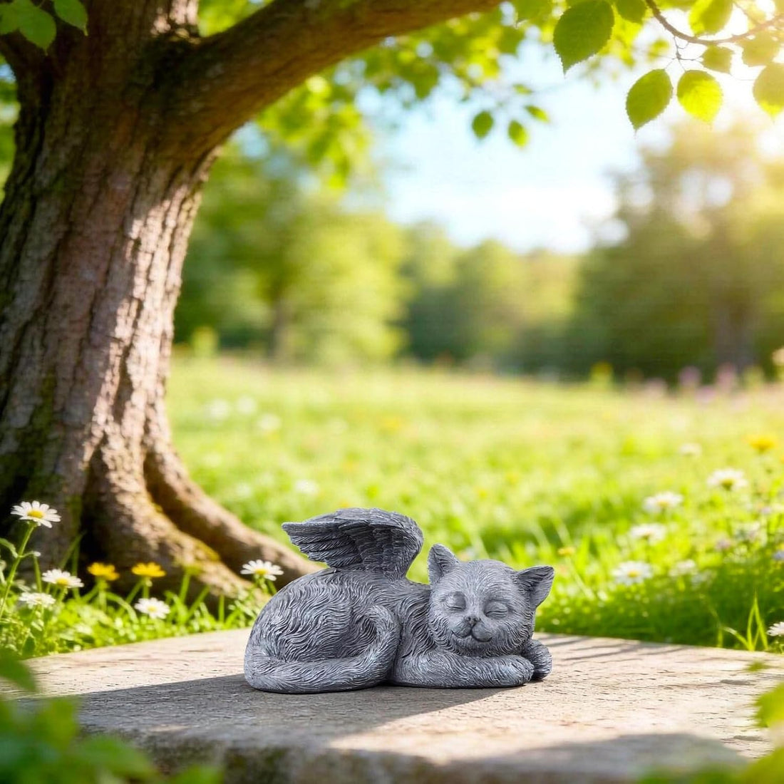 Sleeping Angel Cat Memorial Statue, Resin Figurine with Wings