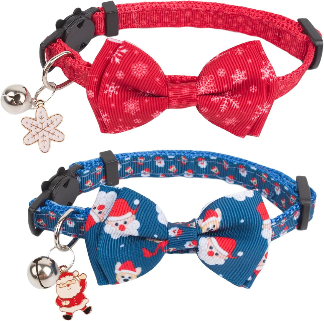 PTDECOR Christmas Cat Collars with Bow, Red Blue Cat Xmas Collar
