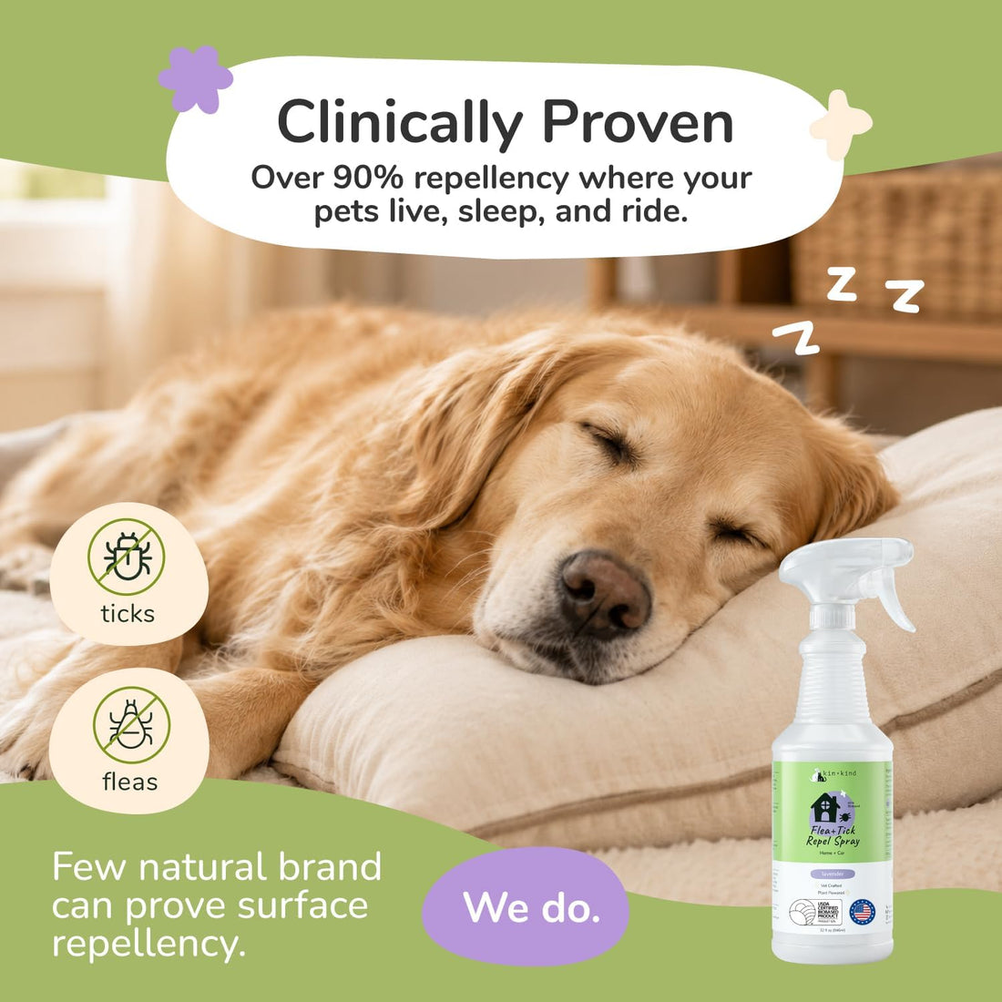 kin+kind Flea & Tick Home & Car Repel Spray, Lavender Mint, 32 fl oz