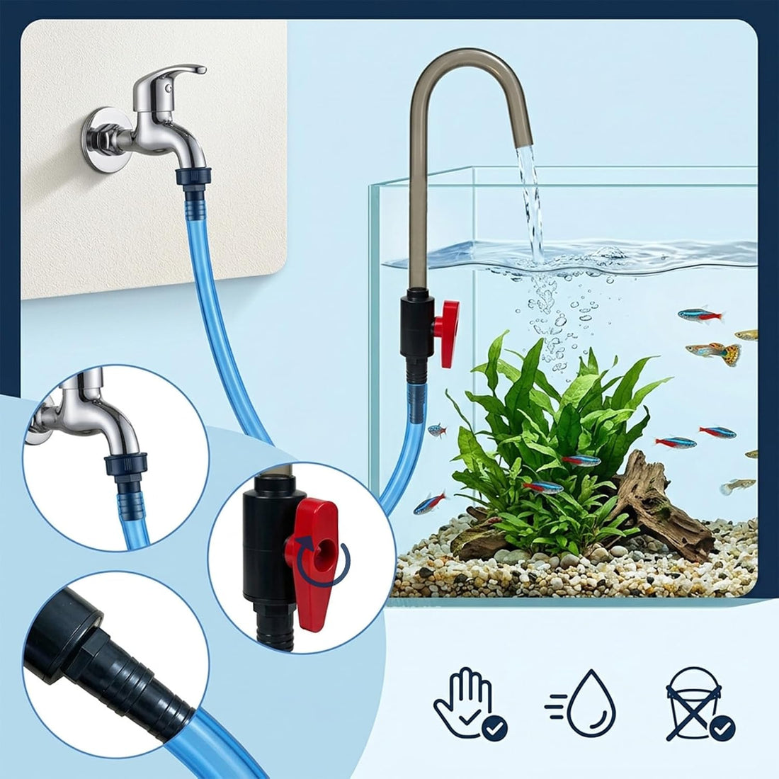 Hands-Free Aquarium Water Changer Hook with Flow Shutoff Valve