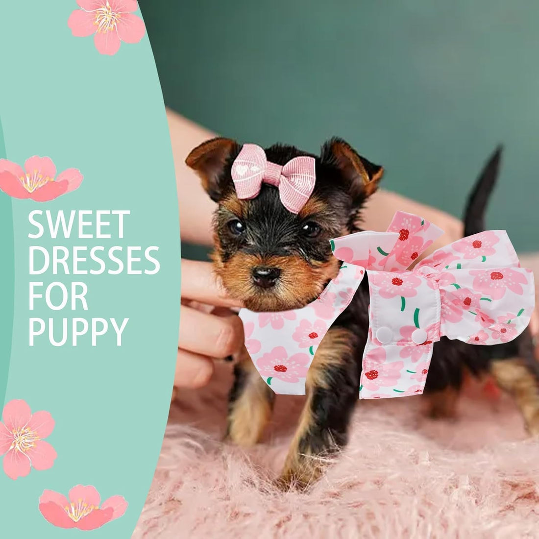 Dog Dress Bowknot Harness Leash Set for Small Girl Dogs Pink Floral