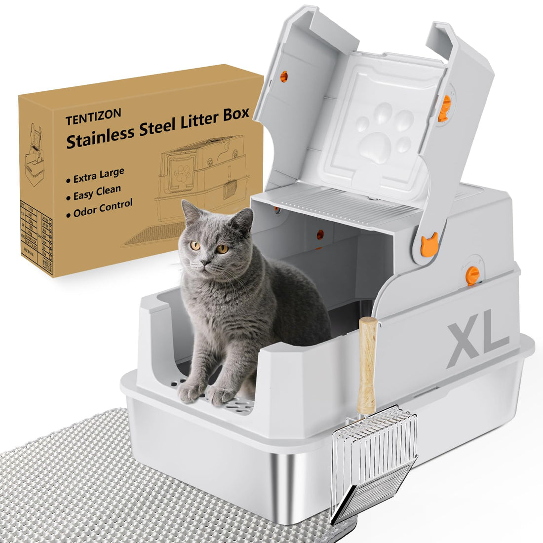 TENTIZON Stainless Steel Cat Litter Box with Lid