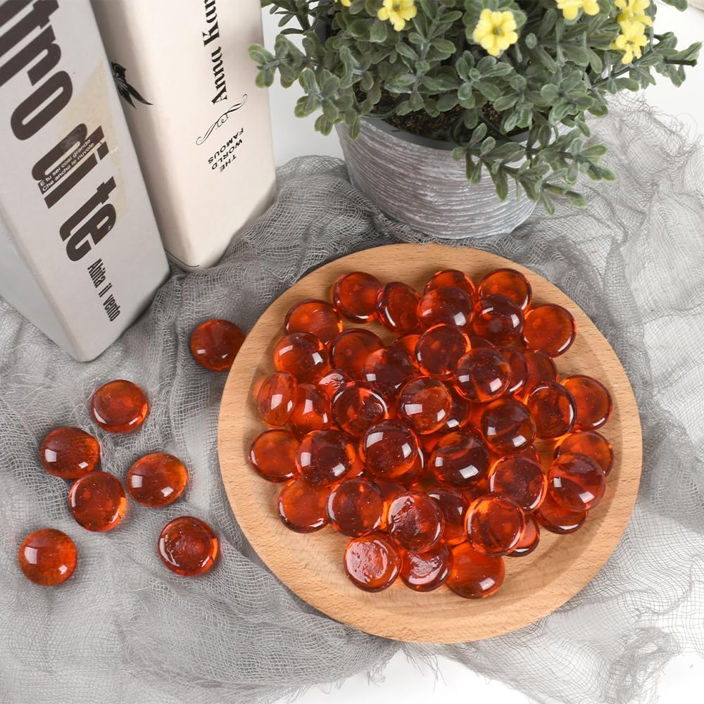 Red-Orange Flat Glass Marbles, 100PCS 1lb Vase Filler Beads