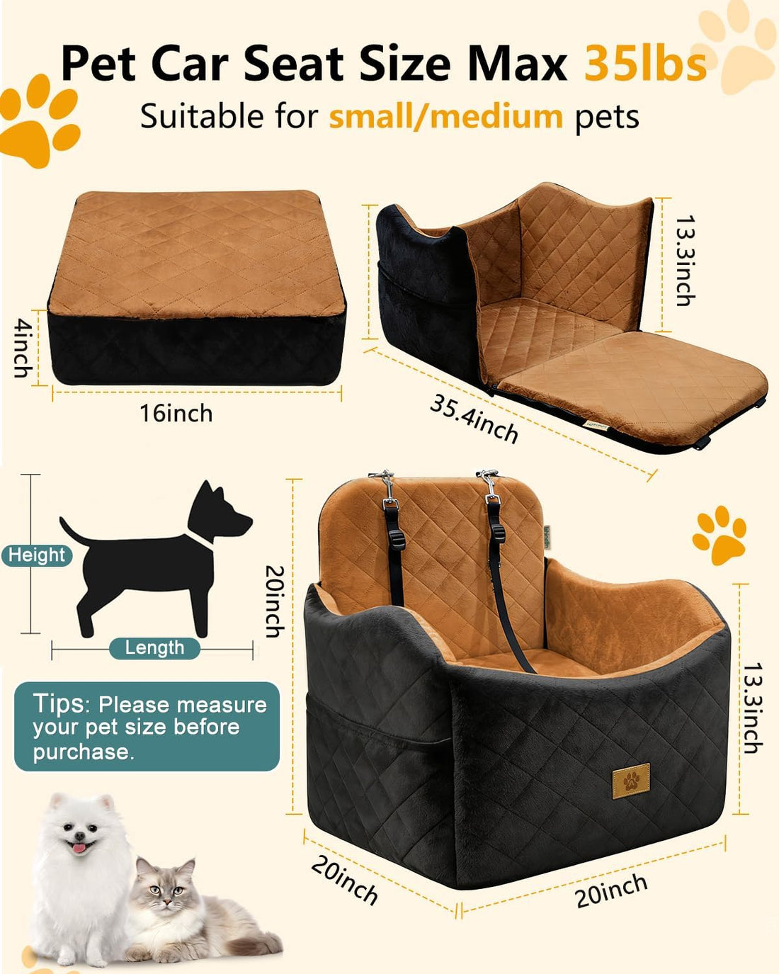 Dog Car Seat for Smal Dogs Up to 35lb,Machine Washable Dog Booster