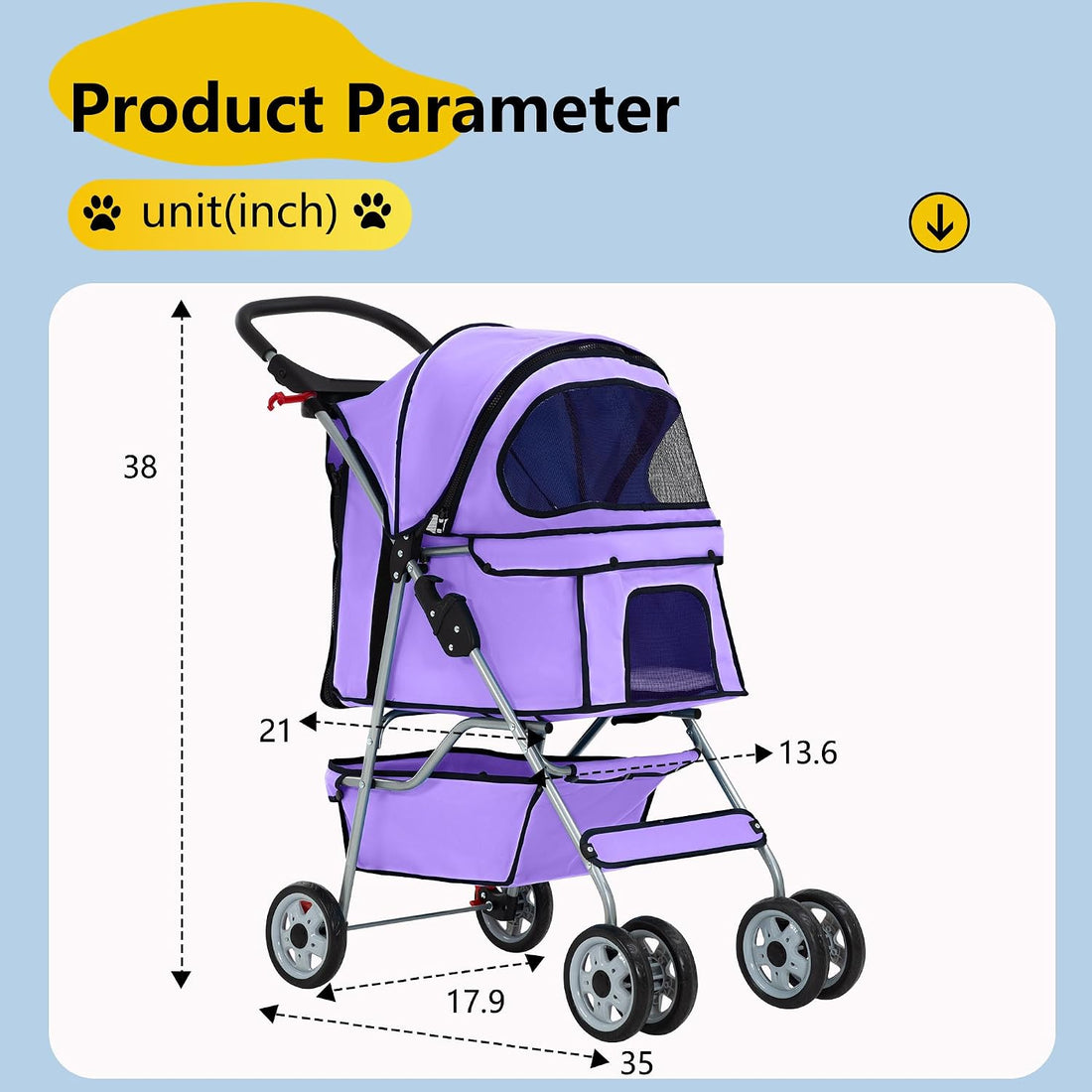 FDW | 4-Wheel Foldable Pet Stroller | Purple | Lightweight & Portable