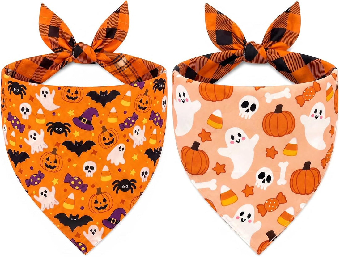 2 Pack Halloween Dog Bandanas, Reversible Triangle Scarves for Dogs