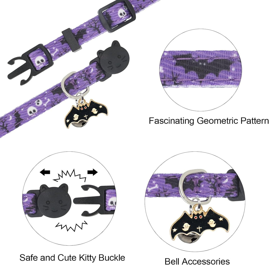 Halloween Cat Collar, Cotton 2 Pack Cat Collar with Bells, Purple
