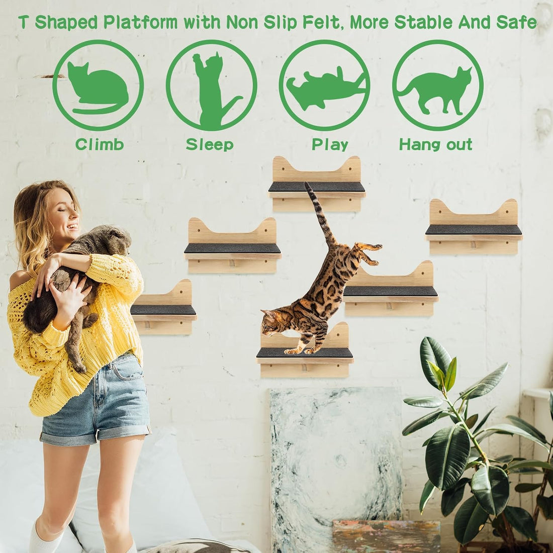 Lenwen 6 Set Cat Wall Shelves, Wood Cat Climbing Step, Wall Mounted