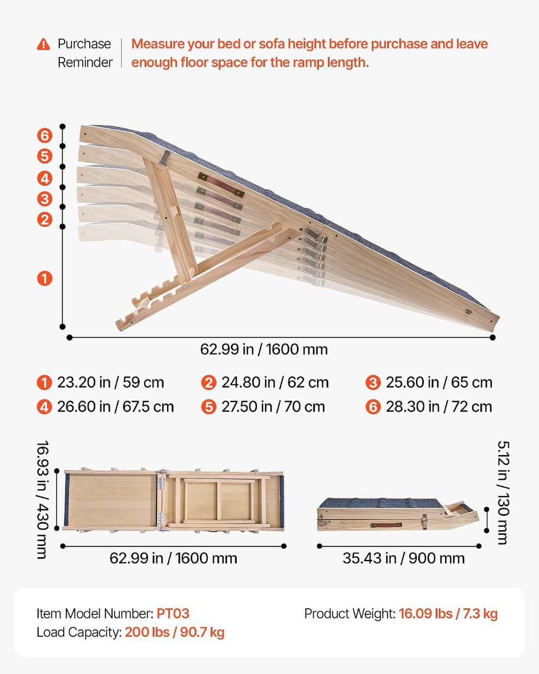VEVOR Dog Ramp for Bed 23.2"-28.3" 6 Adjustable Height Foldable Pet