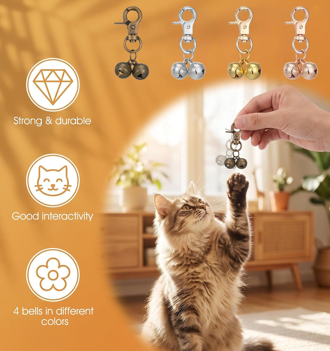 4Pcs Bell for Cat Collar, Pure Copper Cat Bell with Snap Clips