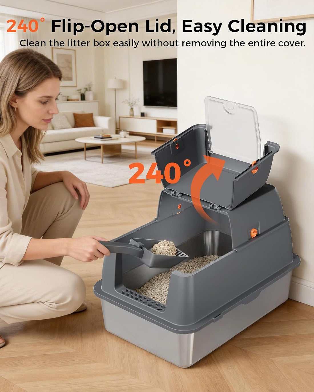 GTPLAYER XXL Stainless Steel Cat Litter Box with Lid