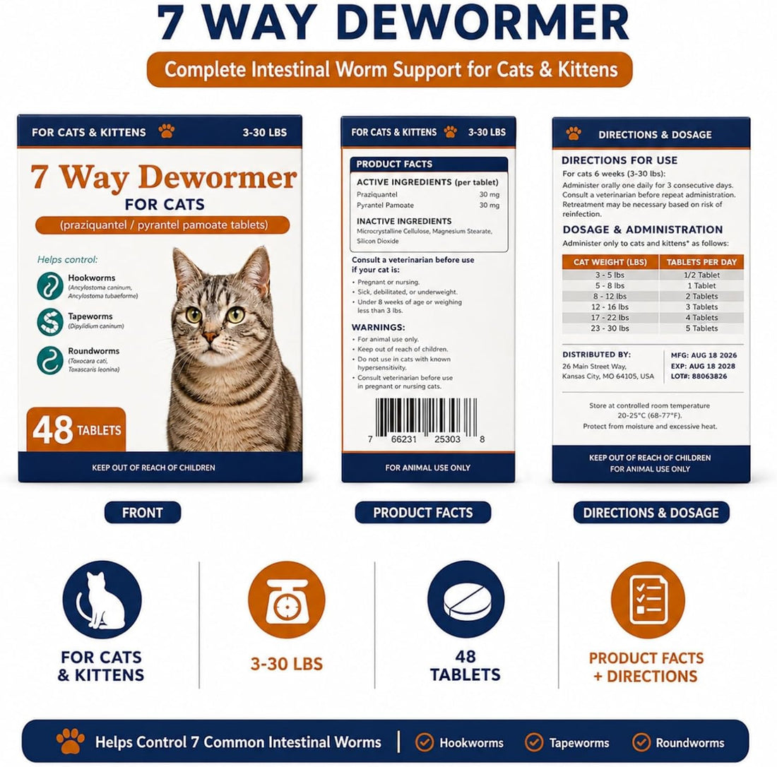 7 Way Dewormer for Cats, Large and Small Cats Dewormer,48 Tablets