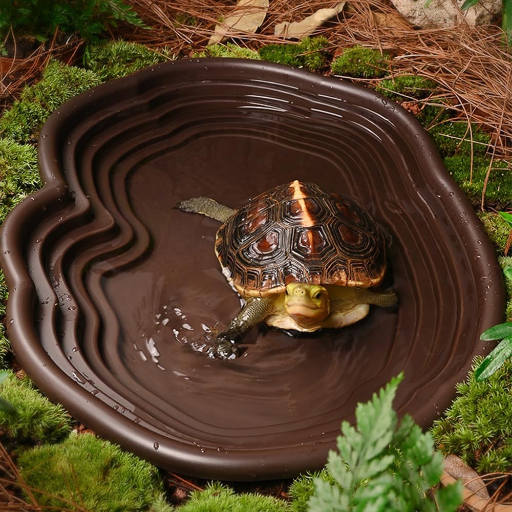 Extra Large Reptile Bathing Pool Reptile Feeding Dish Water Bowl with Ramp Aquarium Ornament for Gecko, Snake, Turtle, Bearded Dragon, Lizard Bath(Black)
