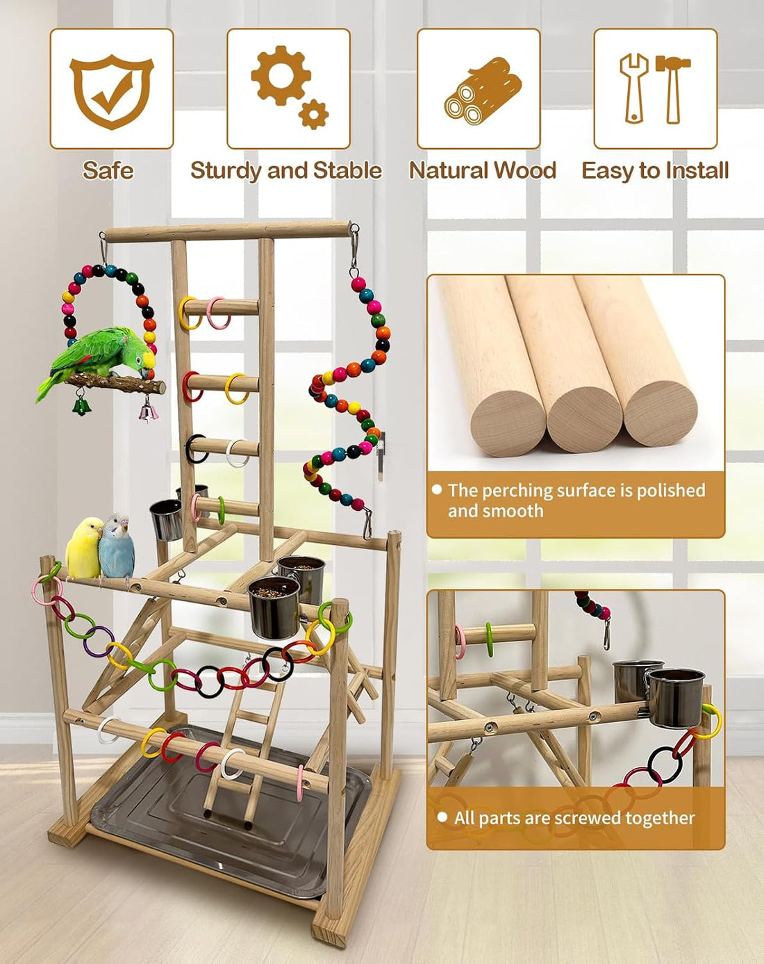 Niwaes Bird Play Stand, Large Parakeet Playground