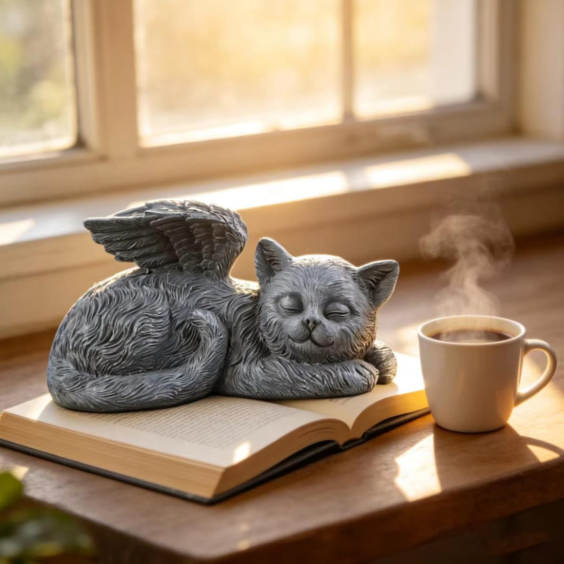 Sleeping Angel Cat Memorial Statue, Resin Figurine with Wings