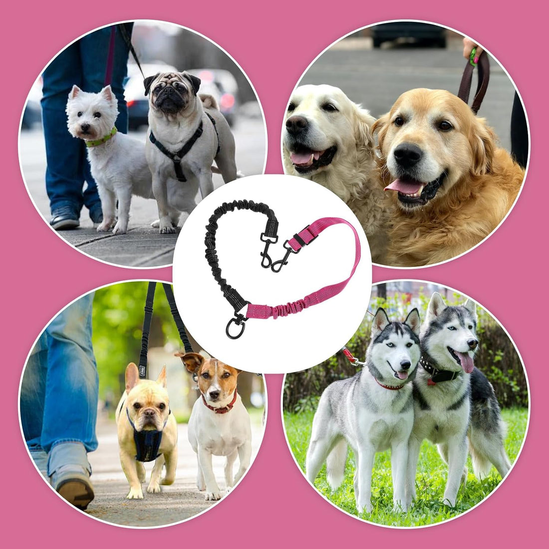 Double Dog Leash, 360° Swivel No Tangle Dual Lead for Two Size Dog