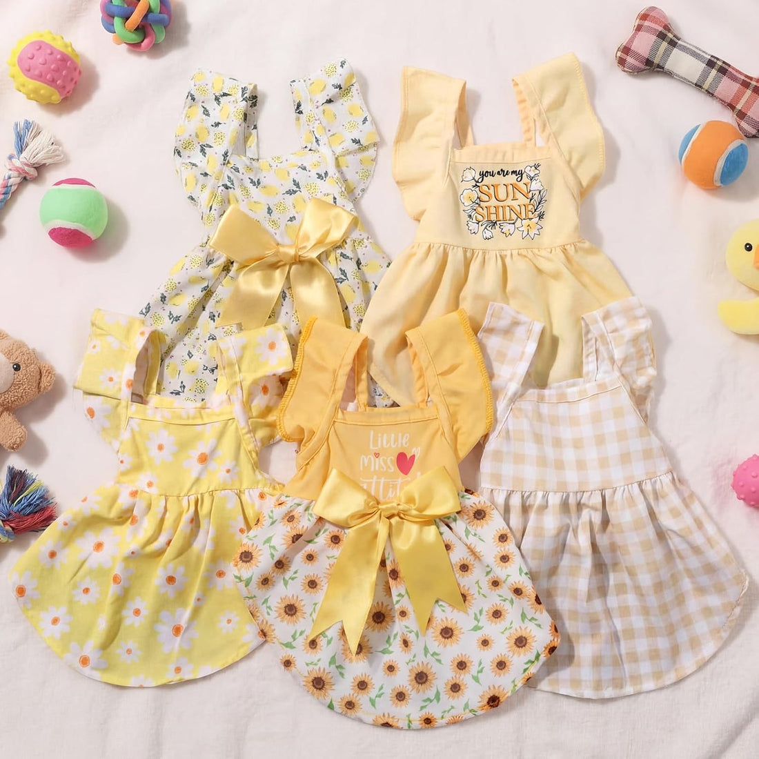 Abbylike 5 Pcs Dog Dress Floral Daisy Sunflowers Lemon Plaid Bowknot