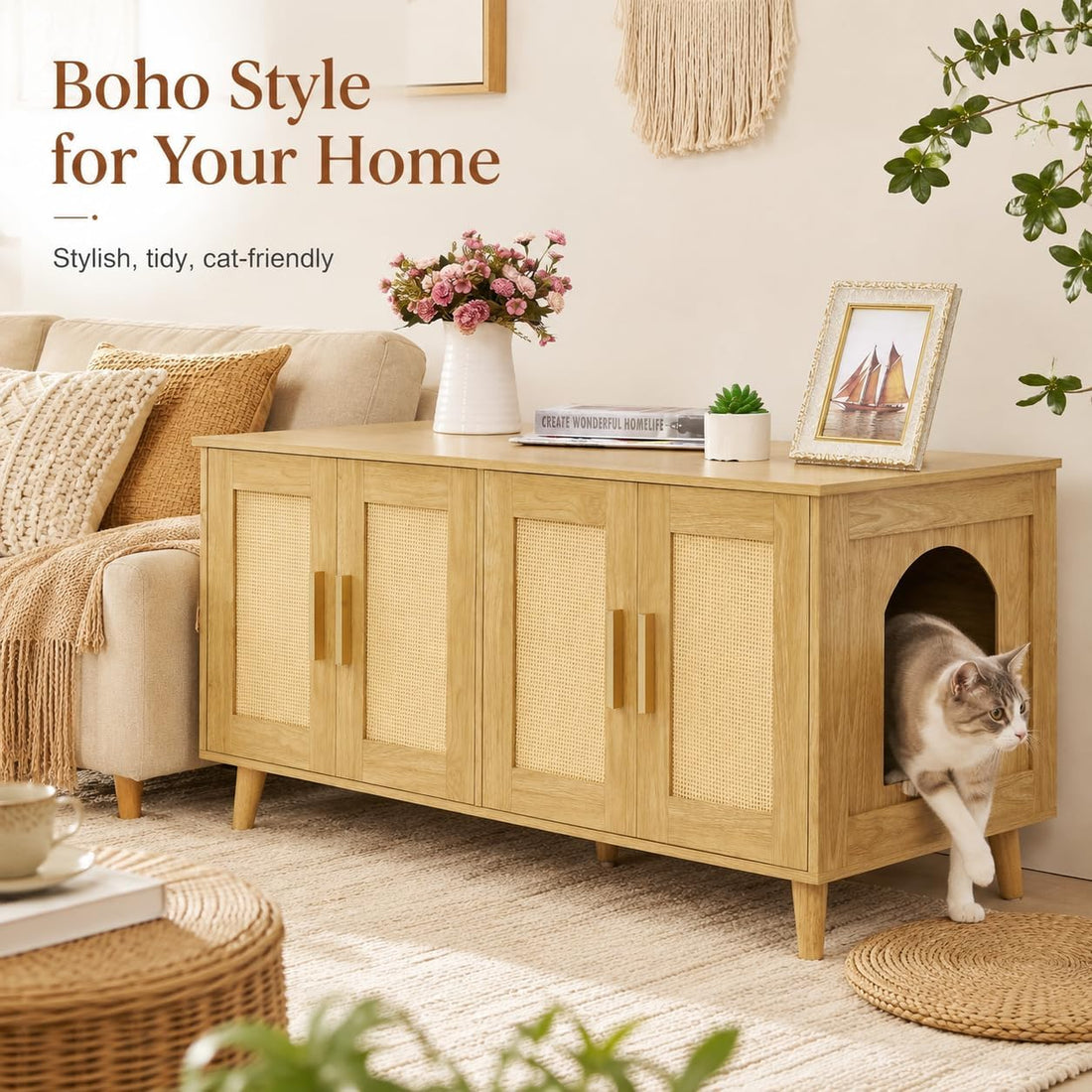 Homhedy Boho Cat Litter Box Enclosure for 2 Cats
