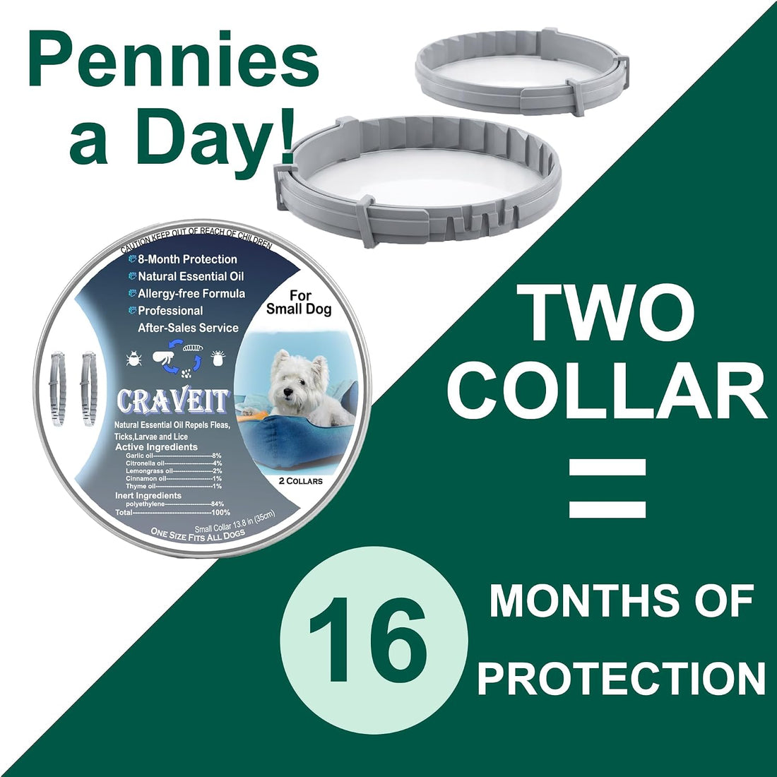 Craveit Dog Flea Collar, 2 Pack Flea Collar for Dogs Small