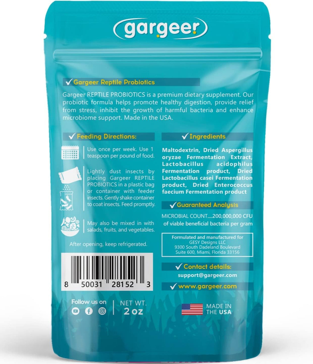 Gargeer 2oz All Reptile Probiotics. Improved Appetite & Digestion.