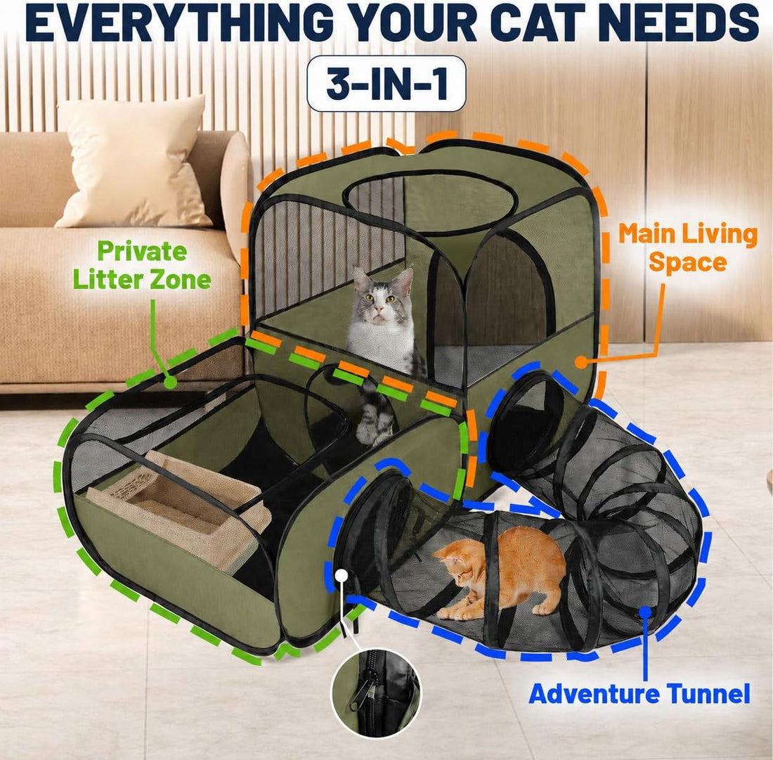 Cat Playpen with Tunnel, Foldable Indoor & Outdoor Cat Enclosure
