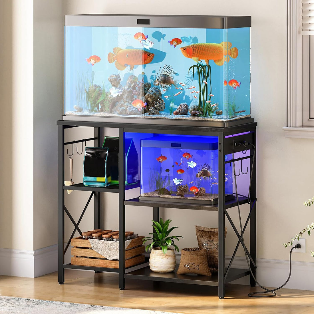 HOOBRO Fish Tank Stand with Power Outlet and LED Light, Aquarium Stand