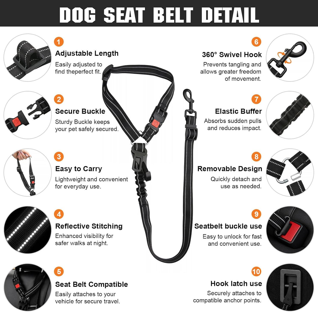 Removable Dog Seat Belt for Car,Adjustable Dog Car Harness with Bungee