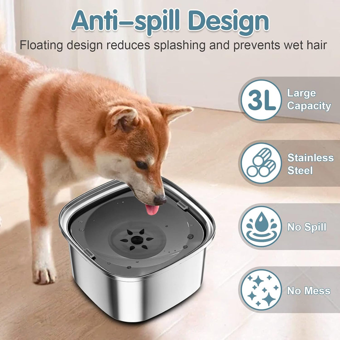 UPSKY 3L Dog Water Bowl 101oz Stainless Steel No Spill Large Capacity