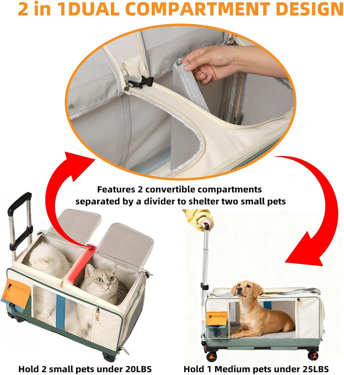 Large Cat Carrier with Wheels, Rolling Folding Soft-Sided for 2 Cats