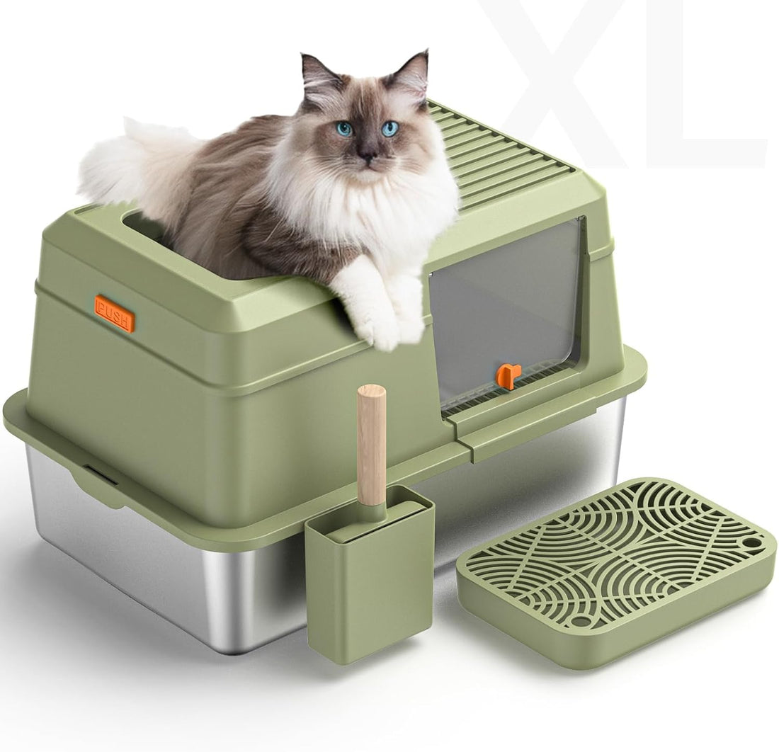 XL Enclosed Stainless Steel Litter Box with Lid Include Pedal Scoop