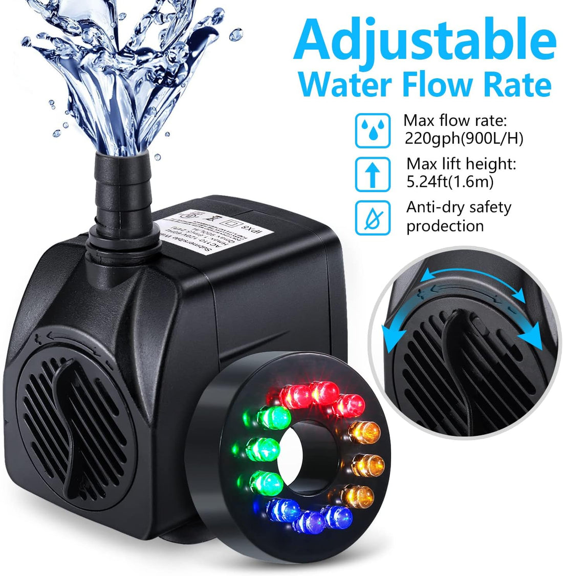 CWKJ Fountain Pump with LED Lights, 220GPH Submersible Water Pump