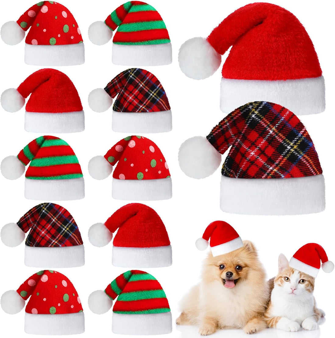 Frienda 12 Pcs Christmas Dog Santa Hat Soft Plush Pet Cat,Solid
