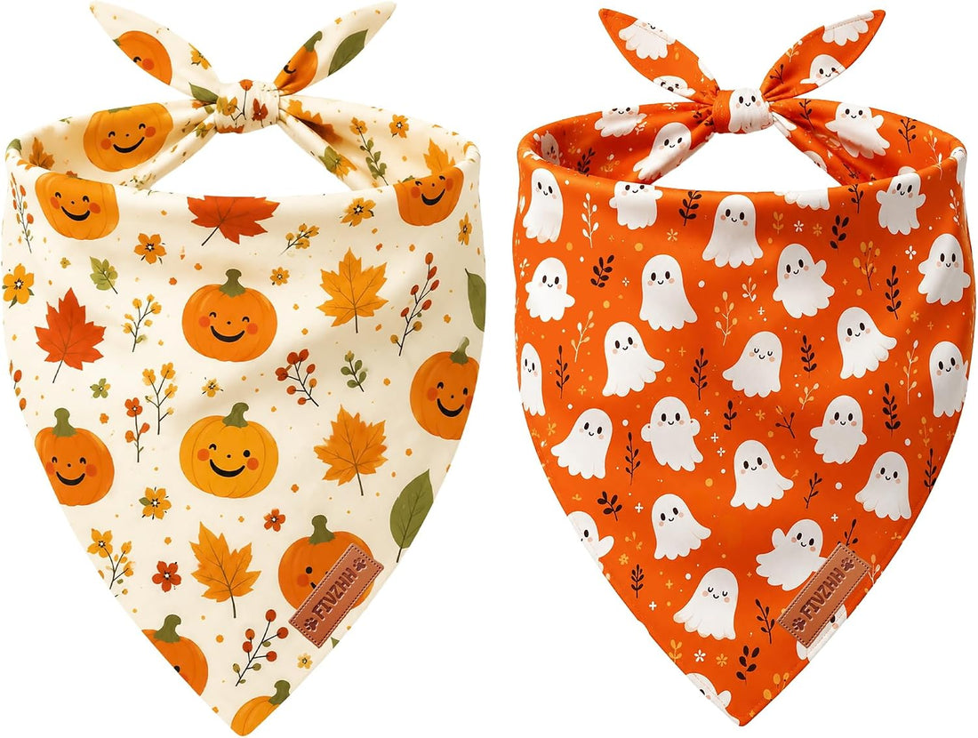 Fall Halloween Dog Bandanas Reversible Pumpkin Leaves Bibs Scarf
