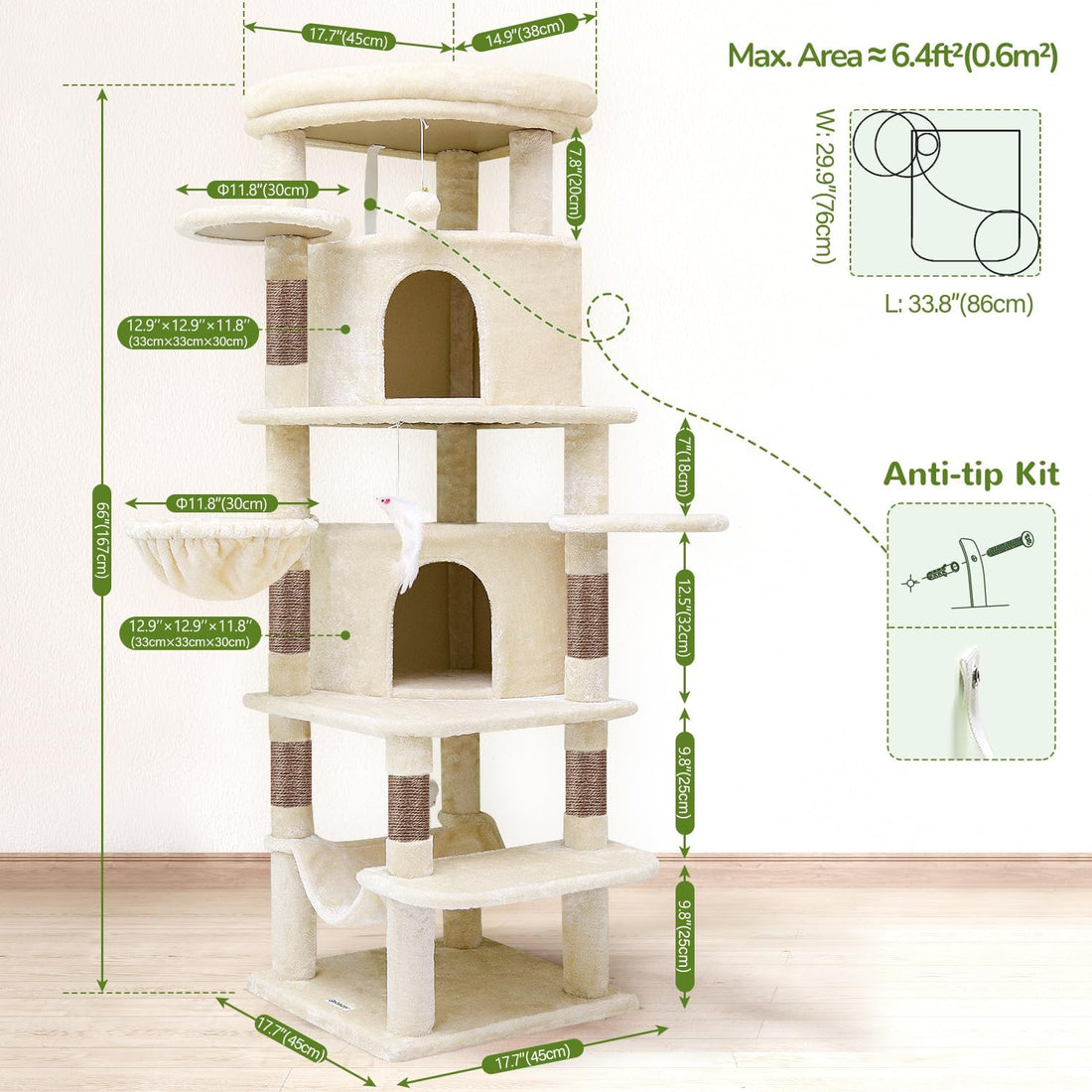 Globlazer 66inch Corner Cat Tree Tower for Indoor Large Cats, C66