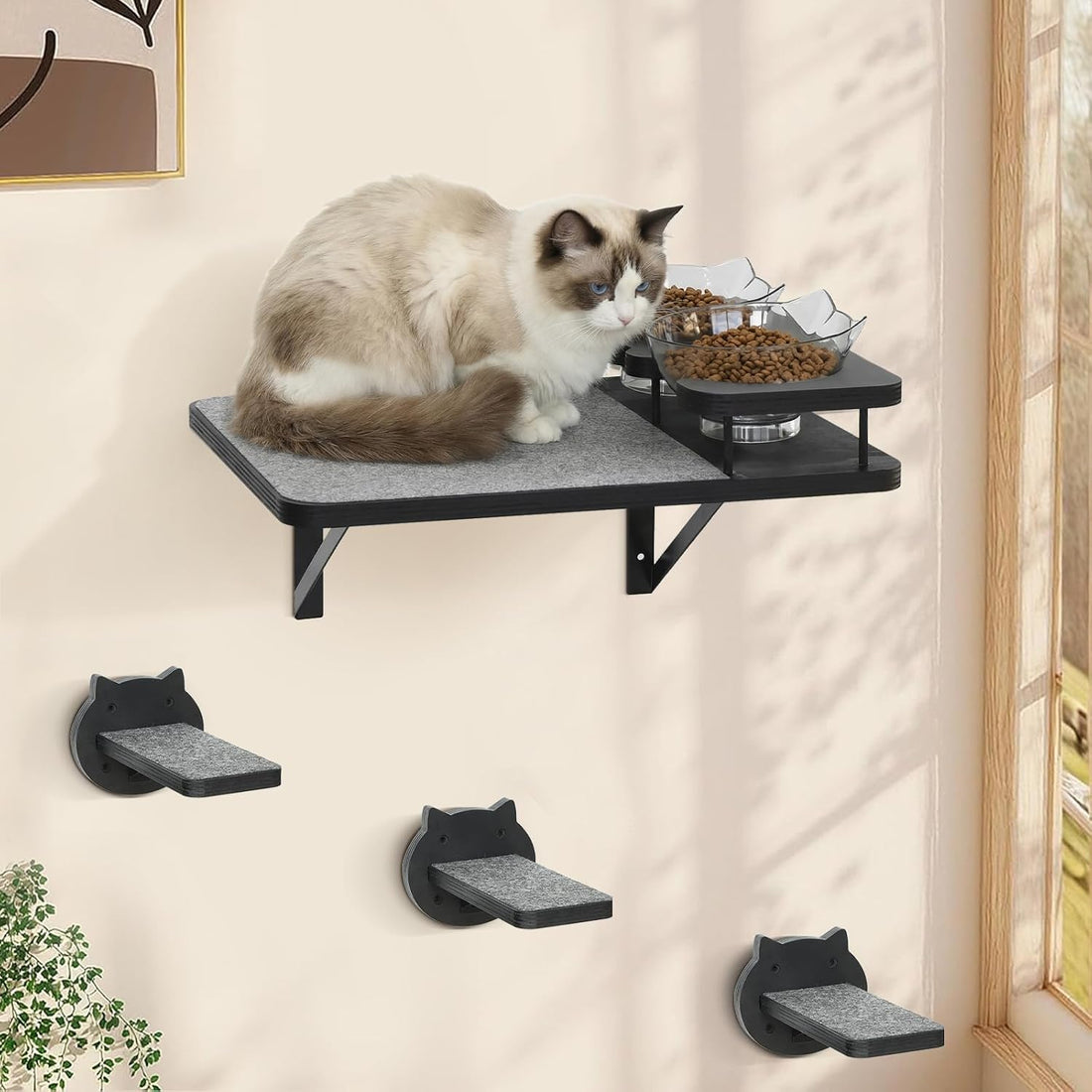 Cat Wall Shelves Furniture Set with 2 Food Bowls