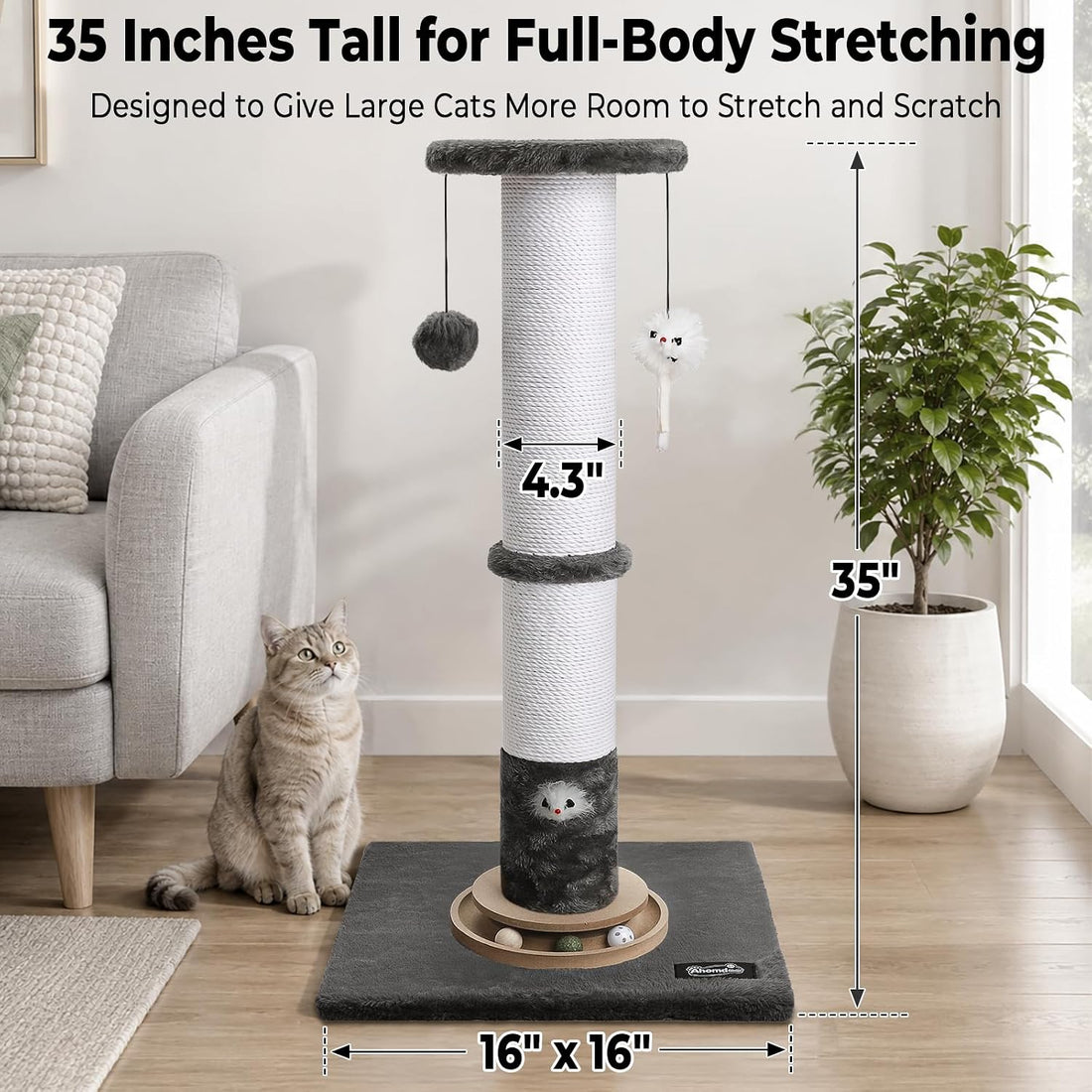 35-Inch Tall Cat Scratching Post, Stable Base for Large Cats