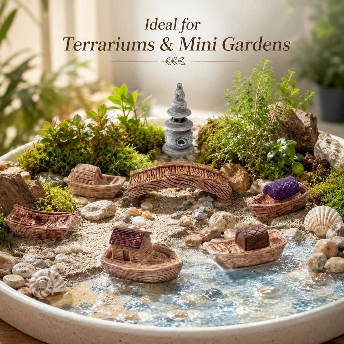 10 Mini Resin Boats Set, Sailboat Figurines for Fairy Garden Decor